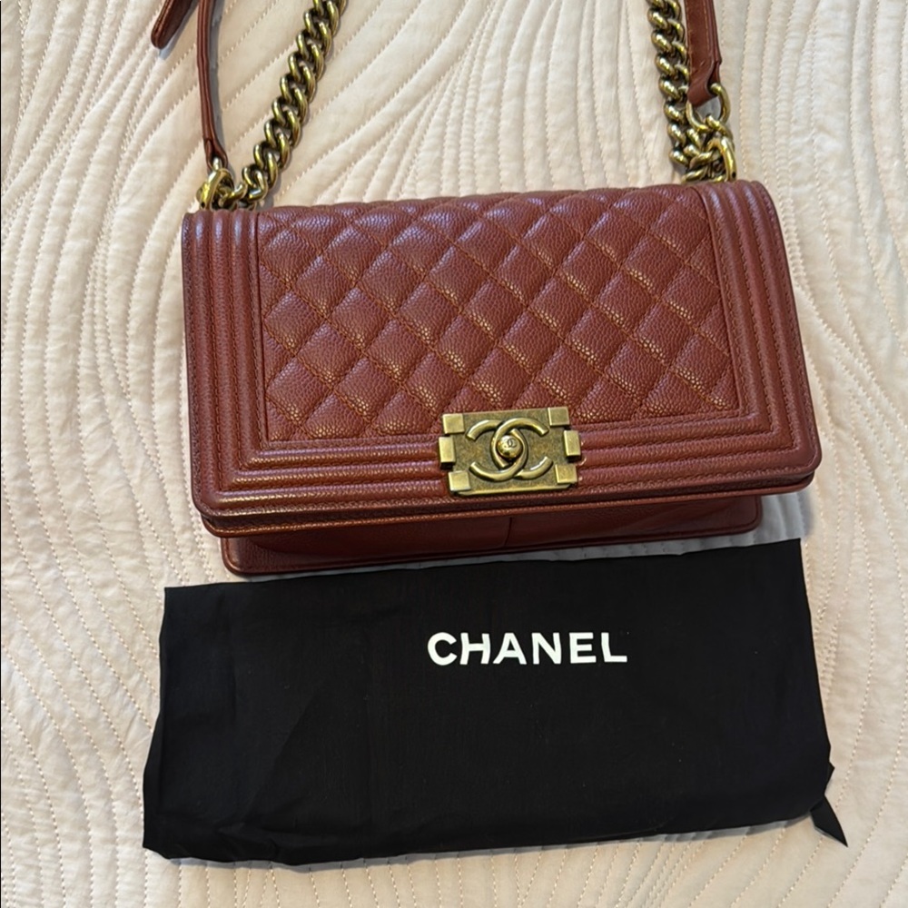 CHANEL Brown (burned orange) and Antique Gold Medium Boy Bad Bag - Picture 15 of 17